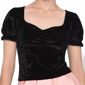 Hot Topic Crushed Black Velvet Puff Sleeve Crop Top - Size Large